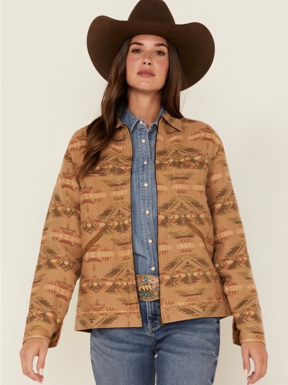 Tasha Polizzi Women's Aztec Pattern Zip-Front Jacket - Tan Multi Medium